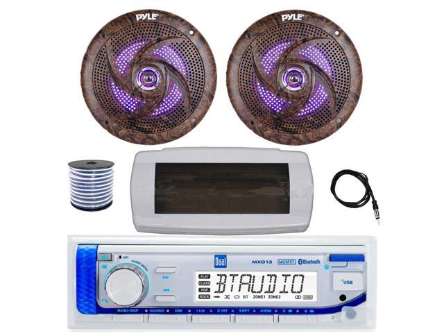 Dual MXD13 Single DIN Bluetooth Marine MP3 AM/FM Stereo Receiver with White Cover, 22' Radio Antenna, Wire, 2x 6.5'' 240 Watt Peak Slim Waterproof...