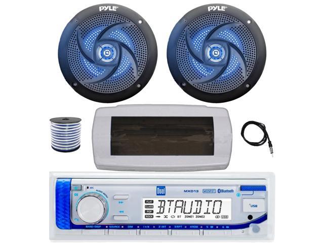 Dual MXD13 Single DIN Bluetooth Marine MP3 AM/FM Stereo Receiver with White Cover, 22' Radio Antenna, Wire, 2x 5.25' 180 Watt Max 2-Way Blue...