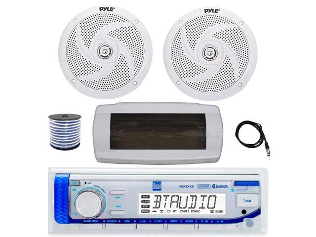 Dual MXD13 Single DIN Bluetooth Marine MP3 AM/FM Stereo Receiver with White Cover, 22' Radio Antenna, Wire, 2x 6'' 240 Watt Max 2-Way Boat Audio...