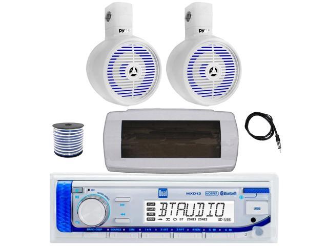 Dual MXD13 Single DIN Bluetooth Marine MP3 AM/FM Stereo Receiver with White Cover, 22' Radio Antenna, Wire, 2x 8' 300W Max 2-Way Full Range...