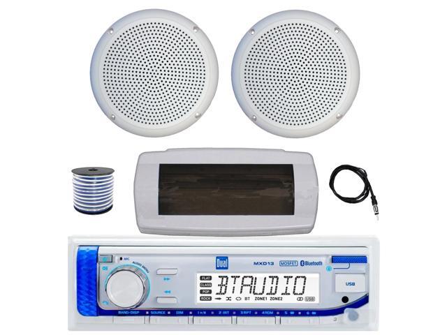 Dual MXD13 Single DIN Bluetooth Marine MP3 AM/FM Stereo Receiver with White Cover, 22' Radio Antenna, Wire, 2x 5.25' 20 Watt Max Polycone Audio...