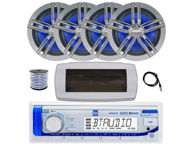 Dual MXD13 Single DIN Bluetooth Marine MP3 AM/FM Stereo Receiver with White Cover, 22' Radio Antenna, Wire, 4x 6.5' 180 Watt Max Power 2-Way Water...