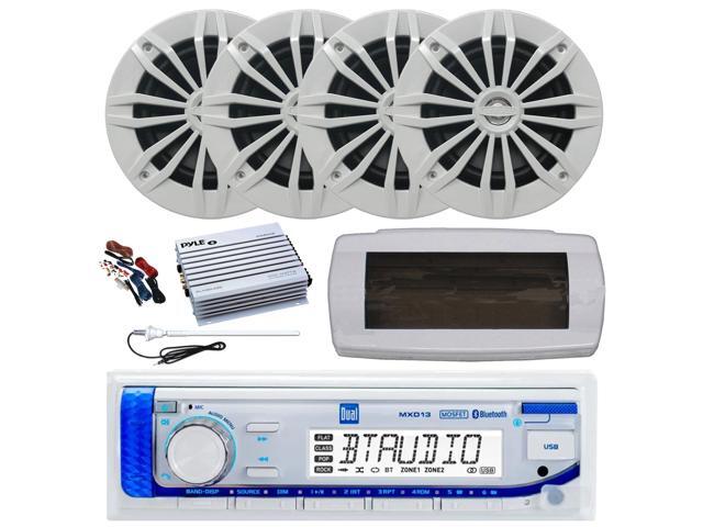 Dual MXD13 Single DIN Bluetooth Marine MP3 AM/FM Stereo Receiver with White Cover, Long Range Antenna, Amplifier w/Kit, 4x 6.5' 180 Watt Max Power...