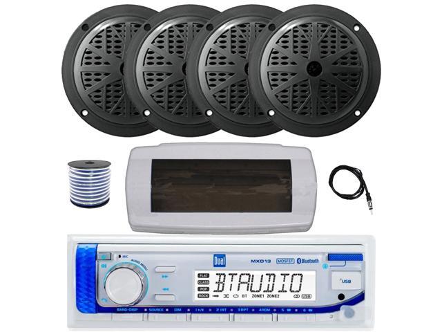 Dual MXD13 Single DIN Bluetooth Marine MP3 AM/FM Stereo Receiver with White Cover, 22' Radio Antenna, Wire, 4x 6.5' 120 Watt Max Full Range Dual...
