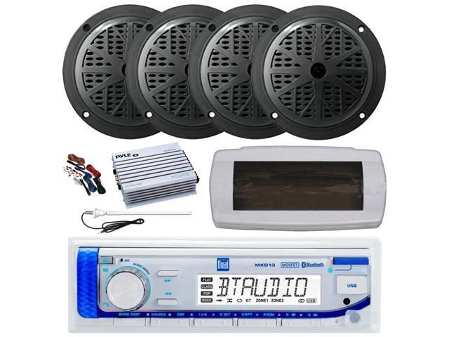 Dual MXD13 Single DIN Bluetooth Marine MP3 AM/FM Stereo Receiver with White Cover, Long Range Antenna, Amplifier w/Kit, 4x 6.5' 120 Watt Max Full...