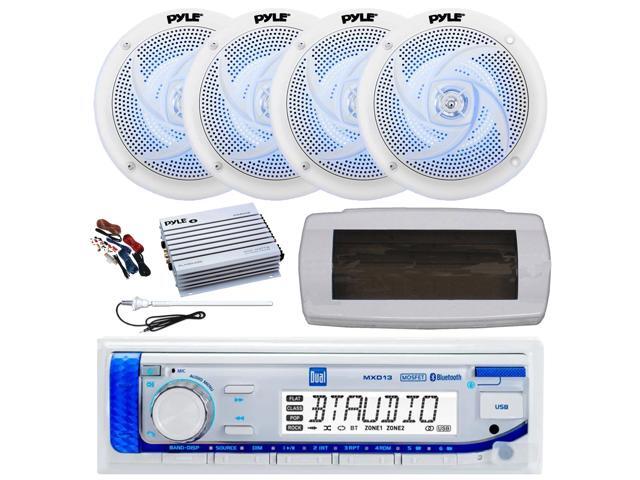 Dual MXD13 Single DIN Bluetooth Marine MP3 AM/FM Stereo Receiver, White Cover, Long Range Antenna, Amplifier w/Kit, 4x 4' 100 Watt 2-Way Blue...
