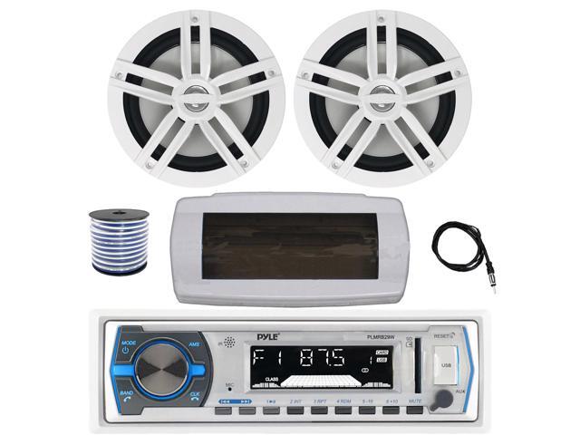 Pyle PLMRB29W Single DIN Bluetooth Marine MP3 AM/FM Stereo Receiver with White Cover, 22' Radio Antenna, Wire, 2x 6.5' 180 Watt Peak Power 2-Way...