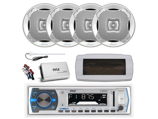 Pyle PLMRB29W Single DIN Bluetooth Marine MP3 AM/FM Stereo Receiver with White Cover, Long Range Antenna, Amplifier w/Kit, 4x 6.5' 400W Max 2-Way...