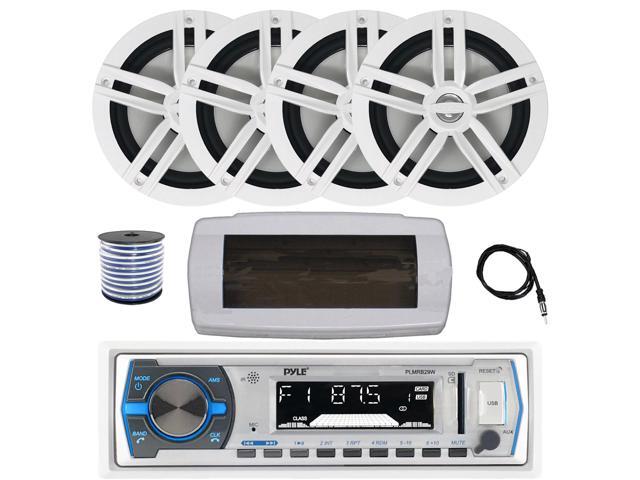 Pyle PLMRB29W Single DIN Bluetooth Marine MP3 AM/FM Stereo Receiver with White Cover, 22' Radio Antenna, Wire, 4x 6.5' 180 Watt Peak Power 2-Way...
