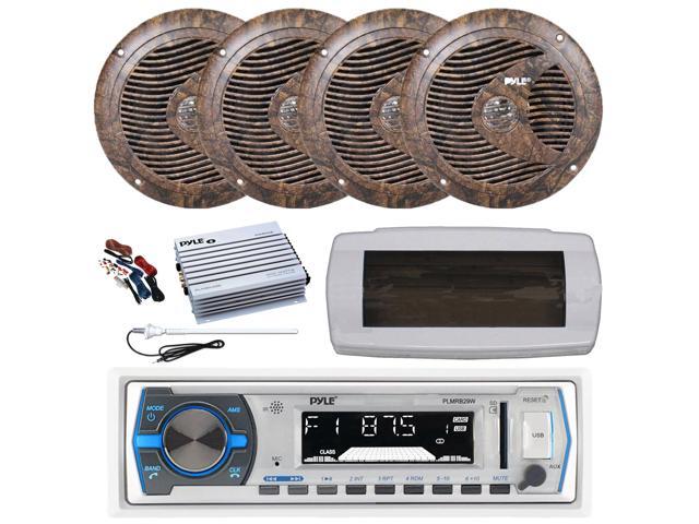 Pyle PLMRB29W Single DIN Bluetooth Marine MP3 AM/FM Stereo Receiver with White Cover, Long Range Antenna, Amplifier w/Kit, 4x 6.5' 150 Watt Max...