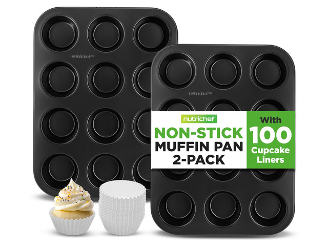 NutriChef Muffin Pans for Baking Nonstick Cupcake Tins w/ 12-Cups, Carbon Steel Stackable Cup Cake Tray w/ 100pcs Parchment Paper Liners ...