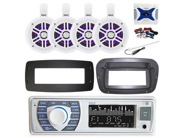 Pyle PLRMR23BTW Single DIN Bluetooth Marine MP3 Stereo Receiver, Spa bezel, Adapter Plate, 22' Radio Antenna, Wire, 4x 4' 100 Watt Max 2-Way Blue...