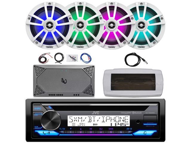 JVC KD-T92MBS Single-DIN Marine Bluetooth USB/AUX CD Player AM/FM Stereo Receiver W/White Cover, 4x 6.5' 225W Max Power Waterproof Coaxial Boat...