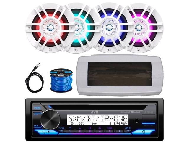JVC KD-T92MBS Single-DIN Marine Bluetooth USB/AUX CD Player AM/FM Stereo Receiver W/White Cover, 4x 6.5' 300W Max 2-Way Coaxial White Boat RGB LED...