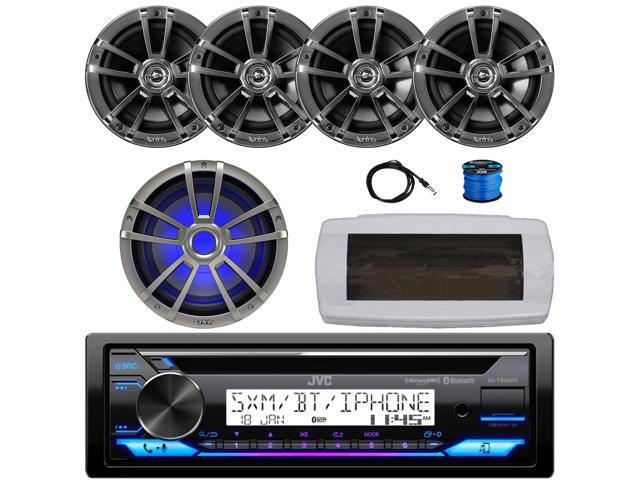 JVC KD-T92MBS Single-DIN Marine Bluetooth USB/AUX CD Player AM/FM Stereo Receiver W/White Cover, 4x 6.5' 225W Max Power 2-Way Chrome Speakers...