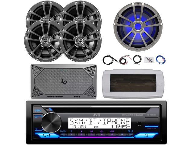 JVC KD-T92MBS Single-DIN Marine Bluetooth USB/AUX CD Player AM/FM Stereo Receiver W/White Cover, 4x 6.5' 225W Max Power 2-Way Chrome Speakers, 10'...