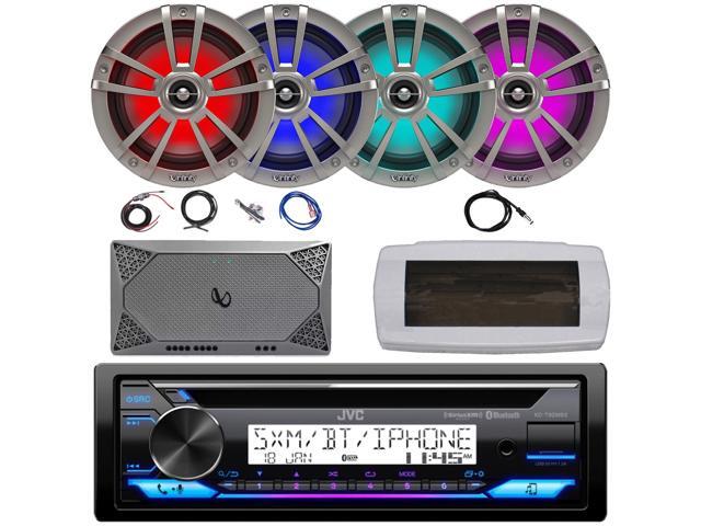 JVC KD-T92MBS Single-DIN Marine Bluetooth USB/AUX CD Player AM/FM Stereo Receiver W/White Cover, 4x 6.5' 225W Max Power Waterproof RGB LED Boat...