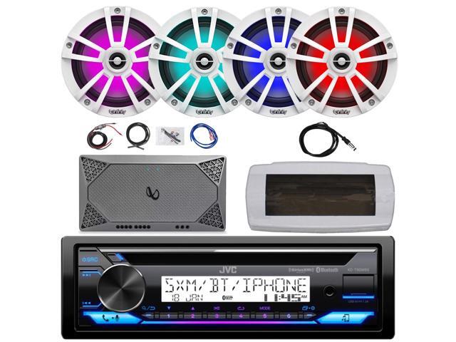 JVC KD-T92MBS Single-DIN Marine Bluetooth USB/AUX CD Player AM/FM Stereo Receiver W/White Cover, 4x 6.5' 225W Max Power RGB LED White Boat...