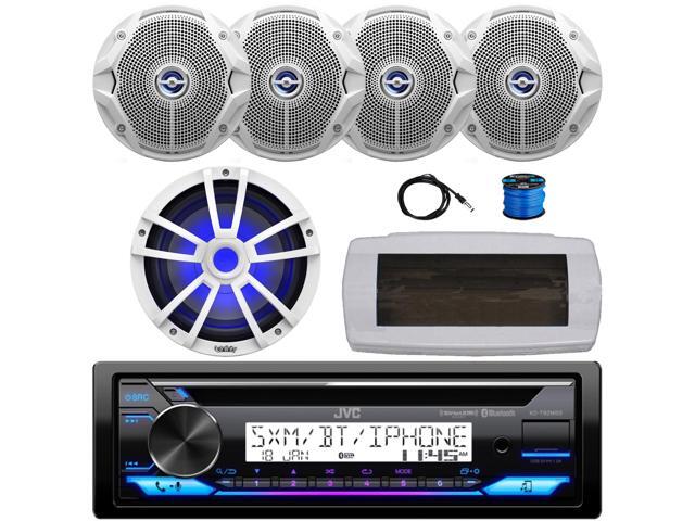JVC KD-T92MBS Single-DIN Marine Bluetooth USB/AUX CD Player AM/FM Stereo Receiver W/White Cover, 4x 6.5' 180W Max Power Dual Cone White Boat...