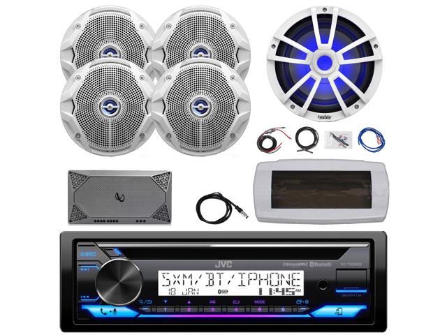 JVC KD-T92MBS Single-DIN Marine Bluetooth USB/AUX CD Player AM/FM Stereo Receiver W/White Cover, 4x 6.5' 180W Max Power Dual Cone White Boat...