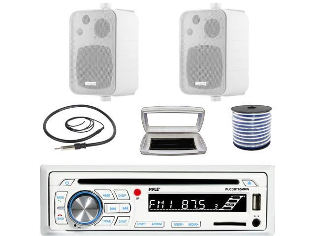 Pyle PLCDBT65 Single-DIN Marine Bluetooth USB/AUX CD Player AM/FM Stereo Receiver W/White Cover, 2x Enrock 4' 30W Max Power 3-Way In Door/Out Door...