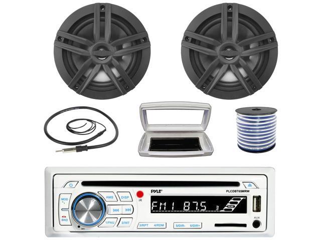 Pyle PLCDBT65 Single-DIN Marine Bluetooth USB/AUX CD Player AM/FM Stereo Receiver W/White Cover, 2x Enrock EM265B 6.5' 180W Max Power 2-Way Boat...