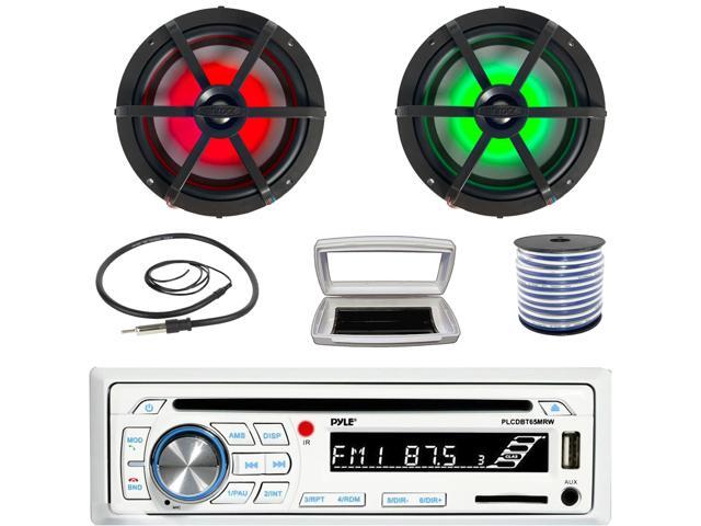 Pyle PLCDBT65 Single-DIN Marine Bluetooth USB/AUX CD Player AM/FM Stereo Receiver W/White Cover, 2x Enrock EM265RGB 6.5' 120 Watt Max Power RGB LED...