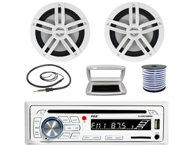 Pyle PLCDBT65 Single-DIN Marine Bluetooth USB/AUX CD Player AM/FM Stereo Receiver W/White Cover, 2x Enrock EM265W 6.5' 180 Watt Peak Power 2-Way...