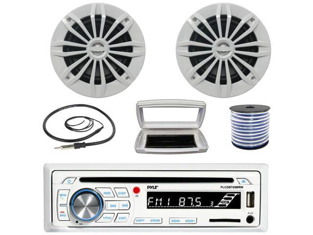 Pyle PLCDBT65 Single-DIN Marine Bluetooth USB/AUX CD Player AM/FM Stereo Receiver W/White Cover, 2x Enrock EM270W 6.5' 180W Max Power 2-Way Boat...