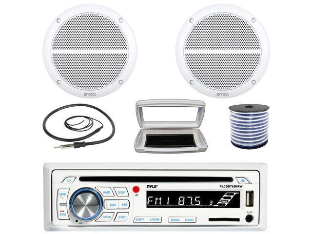 Pyle PLCDBT65 Single-DIN Marine Bluetooth USB/AUX CD Player AM/FM Stereo Receiver W/White Cover, 2x Enrock EM602W 6.5' 90W Max Power 2-Way Full...