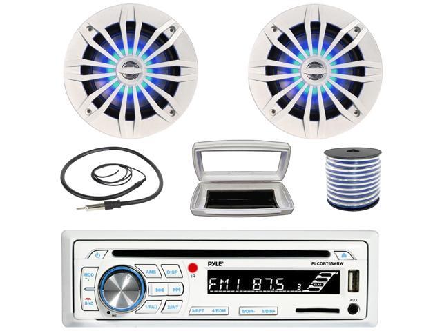 Pyle PLCDBT65 Single-DIN Marine Bluetooth USB/AUX CD Player AM/FM Stereo Receiver W/White Cover, 2x 6.5' 180W Max Power 2-Way Blue LED White Boat...