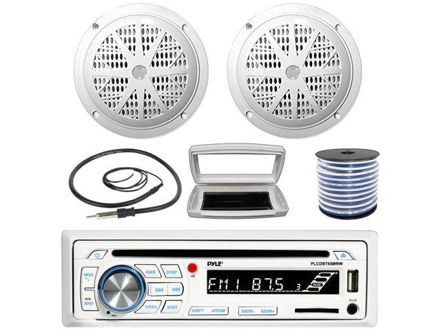 Pyle PLCDBT65 Single-DIN Marine Bluetooth USB/AUX CD Player AM/FM Stereo Receiver W/White Cover, 2x Pyle PLMR41W 4'' 100 Watt Max Power Dual Cone...