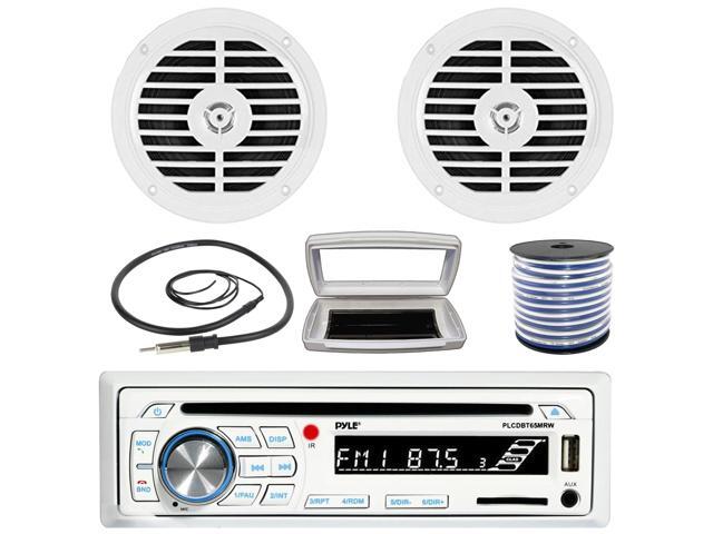 Pyle PLCDBT65 Single-DIN Marine Bluetooth USB/AUX CD Player AM/FM Stereo Receiver W/White Cover, 2x Pyle PLMR57W 5.25' 100W Max Power Dual Cone...