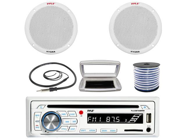 Pyle PLCDBT65 Single-DIN Marine Bluetooth USB/AUX CD Player AM/FM Stereo Receiver W/White Cover, 2x Pyle PLMR605W 6.5'' 400W Max Power Dual Cone...