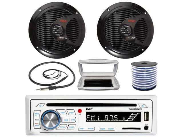 Pyle PLCDBT65 Single-DIN Marine Bluetooth USB/AUX CD Player AM/FM Stereo Receiver W/White Cover, 2x Pyle PLMR60B 6.5' 150W Max Power Full Range...