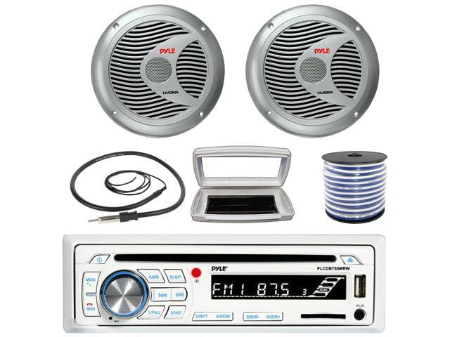 Pyle PLCDBT65 Single-DIN Marine Bluetooth USB/AUX CD Player AM/FM Stereo Receiver W/White Cover, 2x Pyle PLMR60S 6.5'' 150 Watt Max Power 2 Way...