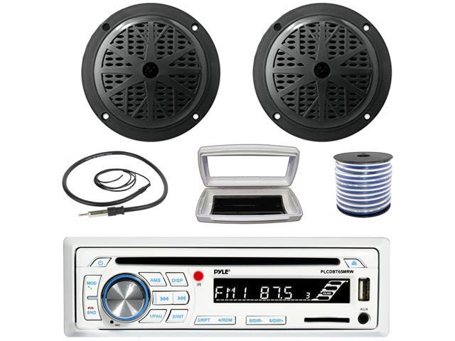 Pyle PLCDBT65 Single-DIN Marine Bluetooth USB/AUX CD Player AM/FM Stereo Receiver W/White Cover, 2x Pyle PLMR61B 6.5'' 120W Max Power Dual Cone...