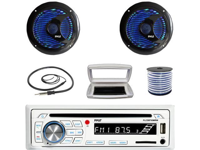 Pyle PLCDBT65 Single-DIN Marine Bluetooth USB/AUX CD Player AM/FM Stereo Receiver W/White Cover, 2x 6.5'' 150 Watt Max Power Dual Cone RGB LED Boat...