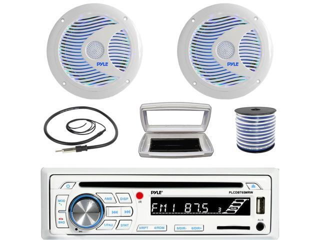 Pyle PLCDBT65 Single-DIN Marine Bluetooth USB/AUX CD Player AM/FM Stereo Receiver W/White Cover, 2x 6.5'' 150 Watt Max Power Dual Cone RGB LED Boat...