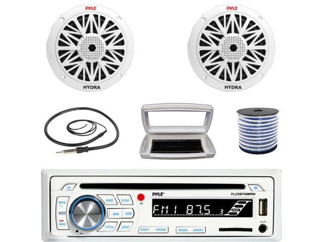 Pyle PLCDBT65 Single-DIN Marine Bluetooth USB/AUX CD Player AM/FM Stereo Receiver W/White Cover, 2x Pyle PLMR82 8' 300W Max Power 2-Way Boat White...