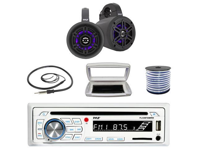 Pyle PLCDBT65 Single-DIN Marine Bluetooth USB/AUX CD Player AM/FM Stereo Receiver W/White Cover, 2x 4' 300W Max Power Waterproof Marine Wakeboard...