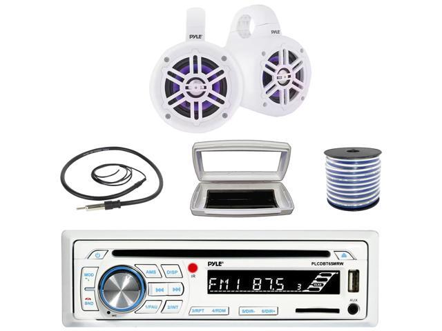 Pyle PLCDBT65 Single-DIN Marine Bluetooth USB/AUX CD Player AM/FM Stereo Receiver W/White Cover, 2x Pyle 4' 300 Watt Max Power Marine Multicolor...