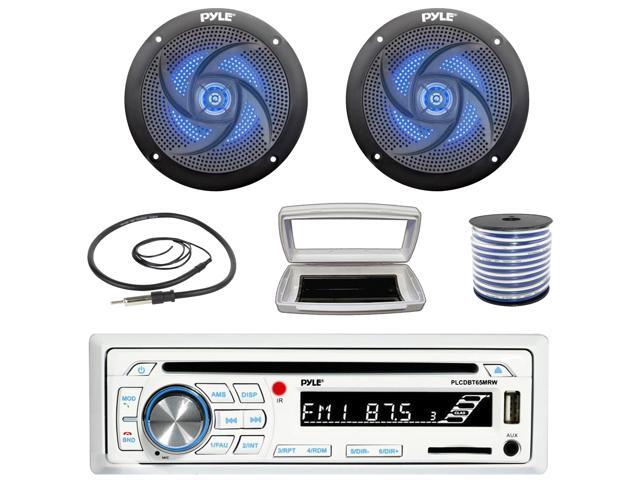 Pyle PLCDBT65 Single-DIN Marine Bluetooth USB/AUX CD Player AM/FM Stereo Receiver W/White Cover, 2x 4' 100W Max Power 2-Way Low Profile Blue...