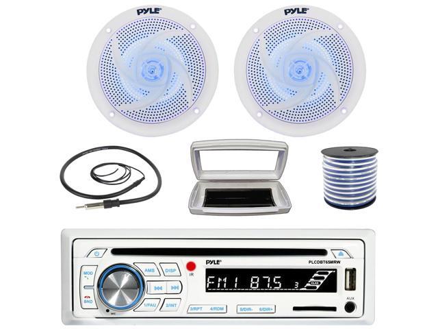 Pyle PLCDBT65 Single-DIN Marine Bluetooth USB/AUX CD Player AM/FM Stereo Receiver W/White Cover, 2x 4' 100W Max Power Low Profile 2-Way Blue LED...