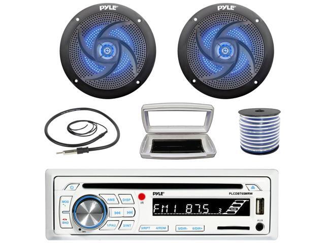 Pyle PLCDBT65 Single-DIN Marine Bluetooth USB/AUX CD Player AM/FM Stereo Receiver W/White Cover, 2x 5.25' 180W Max Power 2-Way Low Profile Blue LED...