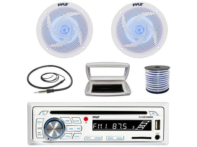Pyle PLCDBT65 Single-DIN Marine Bluetooth USB/AUX CD Player AM/FM Stereo Receiver W/White Cover, 2x 5.25' 180W Max Power 2-Way Low Profile Blue LED...
