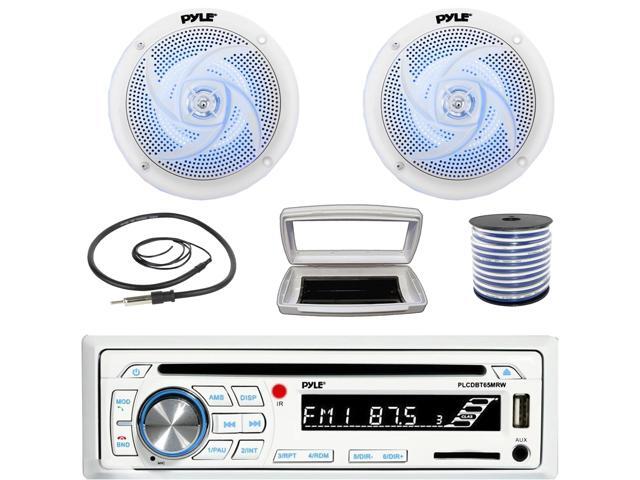 Pyle PLCDBT65 Single-DIN Marine Bluetooth USB/AUX CD Player AM/FM Stereo Receiver W/White Cover, 2x 6.5' 240W Max Power Low-Profile 2-Way Blue LED...