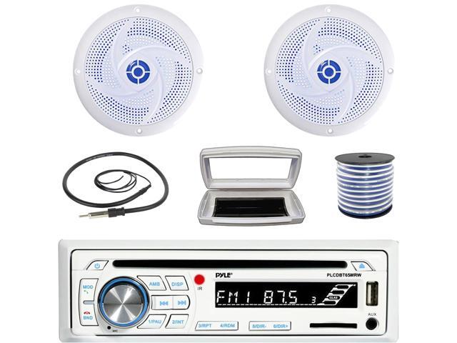 Pyle PLCDBT65 Single-DIN Marine Bluetooth USB/AUX CD Player AM/FM Stereo Receiver W/White Cover, 2x 6'' 240 Watt Max Power Low Profile 2-Way Blue...