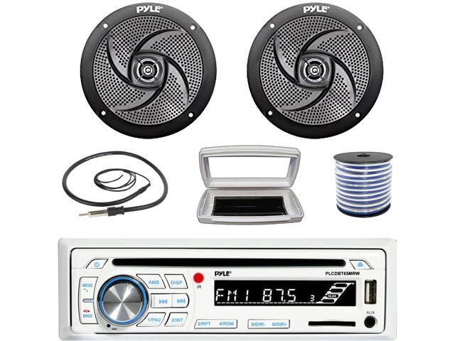 Pyle PLCDBT65 Single-DIN Marine Bluetooth USB/AUX CD Player AM/FM Stereo Receiver W/White Cover, 2x Pyle PLMRS6B 6'' 240W Max Power Low Profile...
