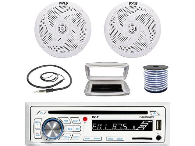 Pyle PLCDBT65 Single-DIN Marine Bluetooth USB/AUX CD Player AM/FM Stereo Receiver W/White Cover, 2x Pyle PLMRS6W 6'' 240W Max Power Low Profile...